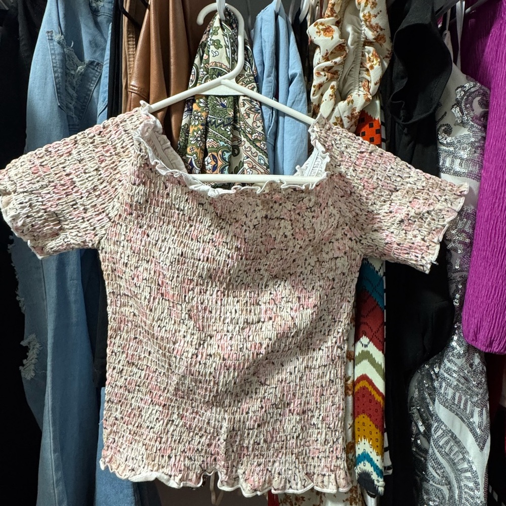 Pink Floral Smocked Women's Off the Shoulder Top